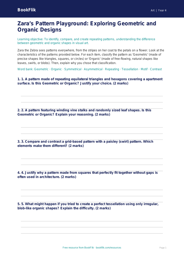 Free Pattern Activity Sheet | Grade 3 | Art | BookFlik worksheet preview — Art Pattern