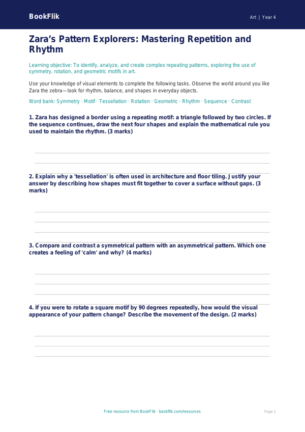 Free Pattern Worksheet | Grade 3 | Art | BookFlik worksheet preview — Art Pattern