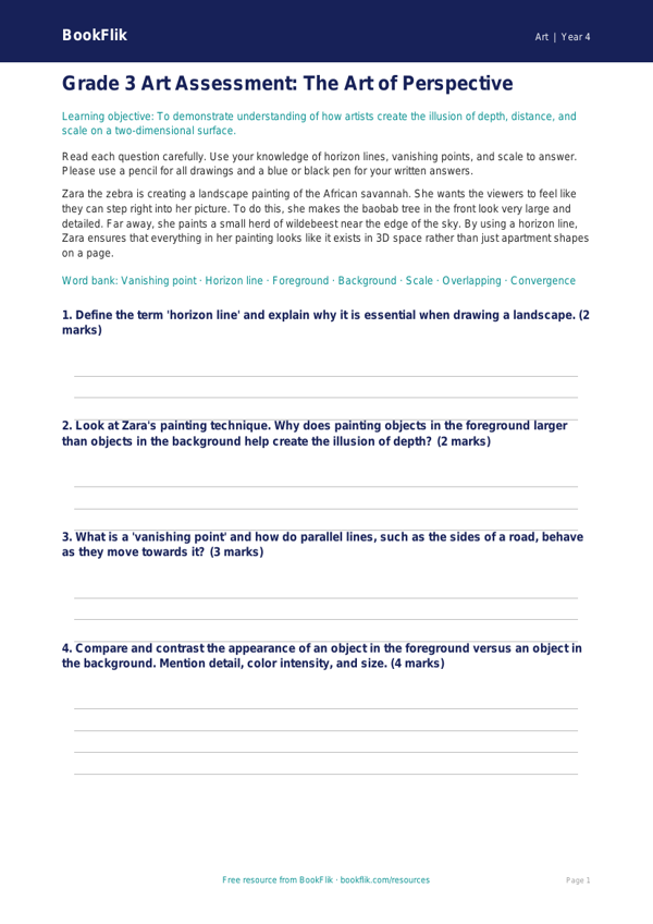 Free Perspective Assessment | Grade 3 | Art | BookFlik worksheet preview — Art Perspective