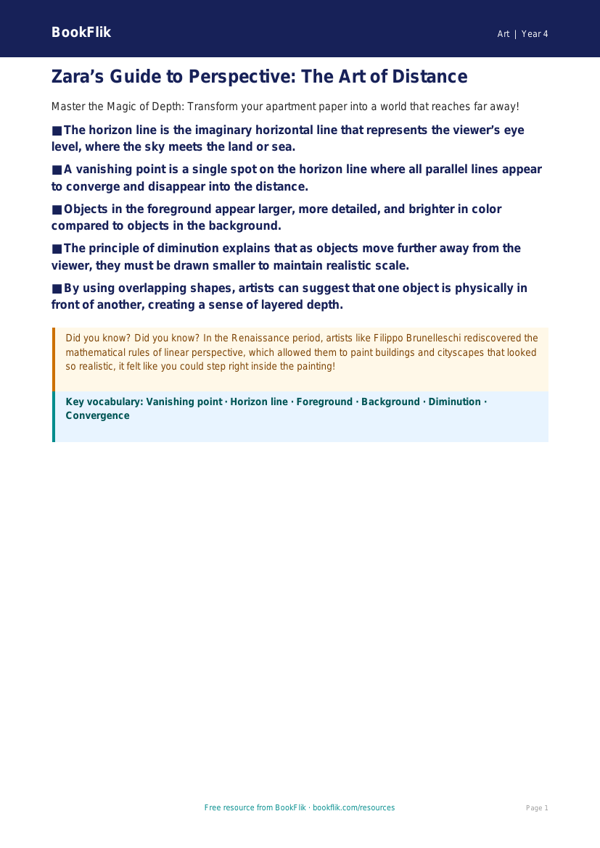 Free Perspective Poster | Grade 3 | Art | BookFlik worksheet preview — Art Perspective