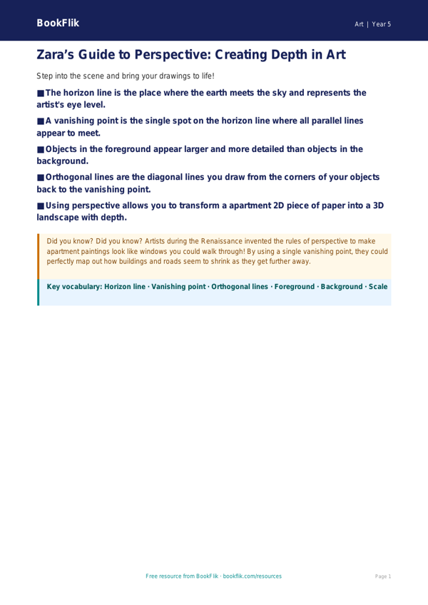 Free Perspective Poster | Grade 4 | Art | BookFlik worksheet preview — Art Perspective