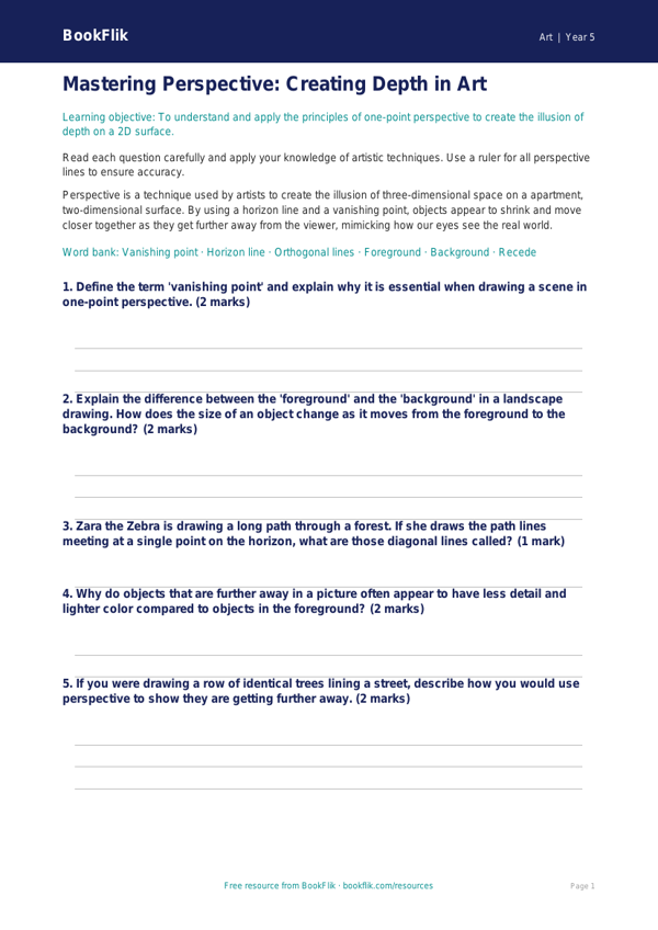 Free Perspective Worksheet | Grade 4 | Art | BookFlik worksheet preview — Art Perspective