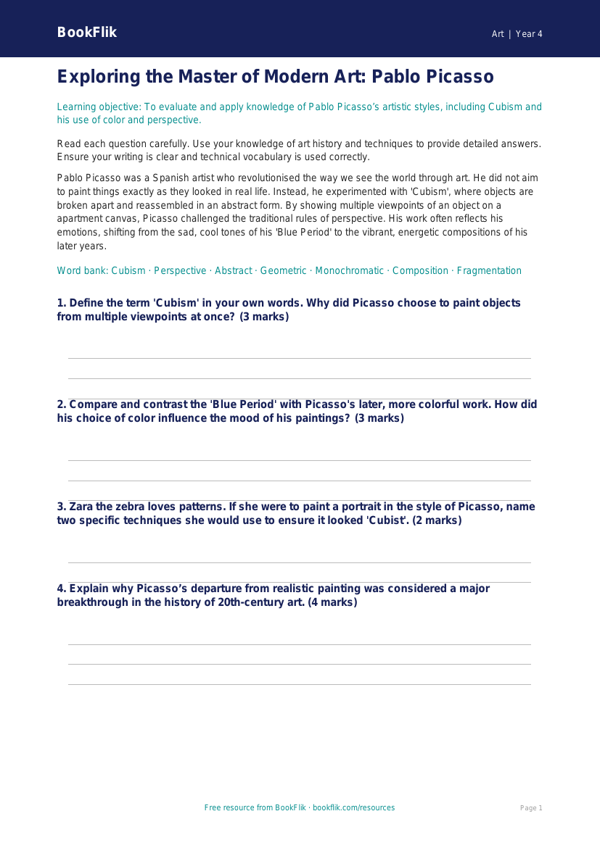 Picasso Art Assessment for Grade 3 | Free Printable | BookFlik worksheet preview — Art Picasso