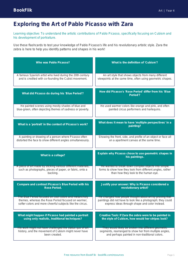 Free Picasso Flashcards | Grade 3 | Art | BookFlik worksheet preview — Art Picasso