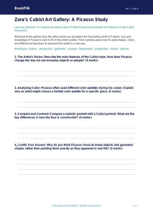 Free Picasso Art Template for Grade 3 | BookFlik worksheet preview — Art Picasso
