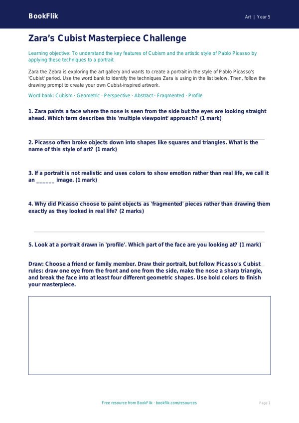 Free Picasso Activity Sheet | Grade 4 | Art | BookFlik worksheet preview — Art Picasso