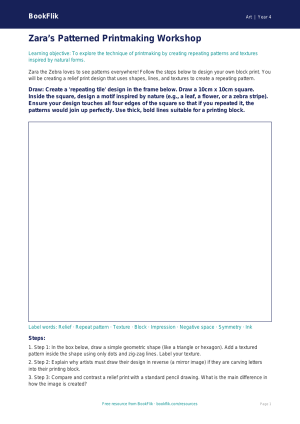 Free Printmaking Drawing Sheet | Grade 3 | Art | BookFlik worksheet preview — Art Printmaking