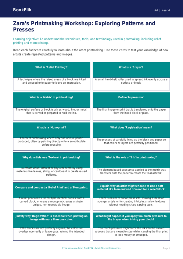 Free Printmaking Flashcards | Grade 3 | Art | BookFlik worksheet preview — Art Printmaking