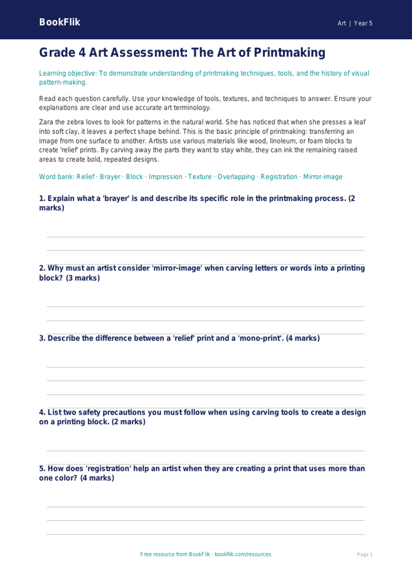 Free Printmaking Assessment | Grade 4 | Art | BookFlik worksheet preview — Art Printmaking