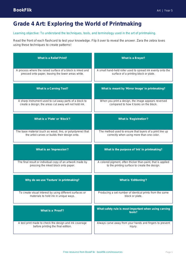Free Printmaking Flashcards | Grade 4 | Art | BookFlik worksheet preview — Art Printmaking
