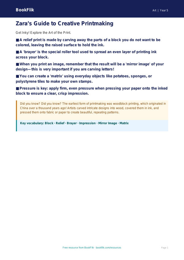 Free Printmaking Poster | Grade 4 | Art | BookFlik worksheet preview — Art Printmaking