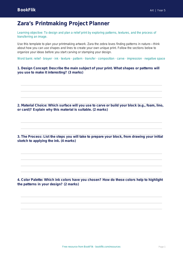 Free Printmaking Template | Grade 4 | Art | BookFlik worksheet preview — Art Printmaking