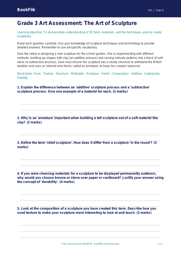 Free Sculpture Assessment | Grade 3 | Art | BookFlik worksheet preview — Art Sculpture