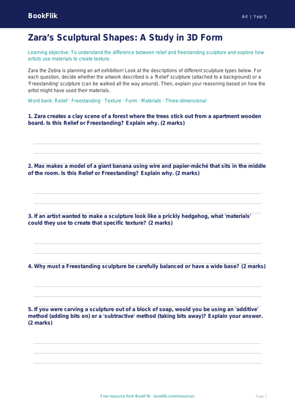 Free Sculpture Activity Sheet | Grade 4 | Art | BookFlik worksheet preview — Art Sculpture