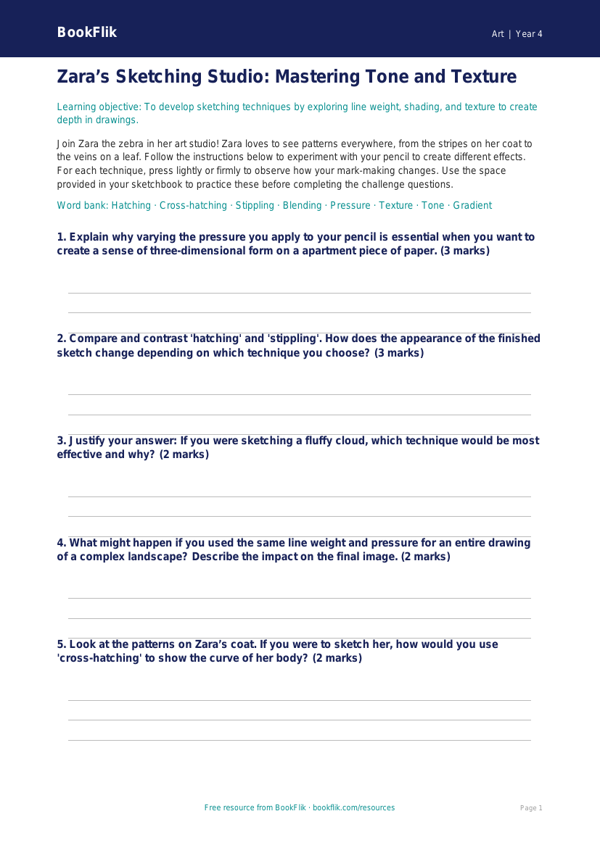 Free Sketching Activity Sheet | Grade 3 | Art | BookFlik worksheet preview — Art Sketching