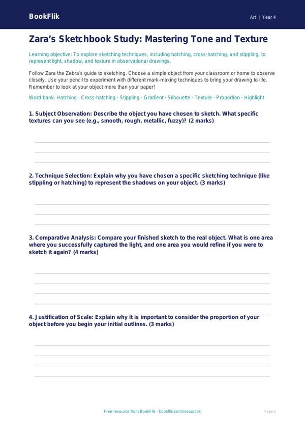 Free Sketching Template | Grade 3 | Art | BookFlik worksheet preview — Art Sketching