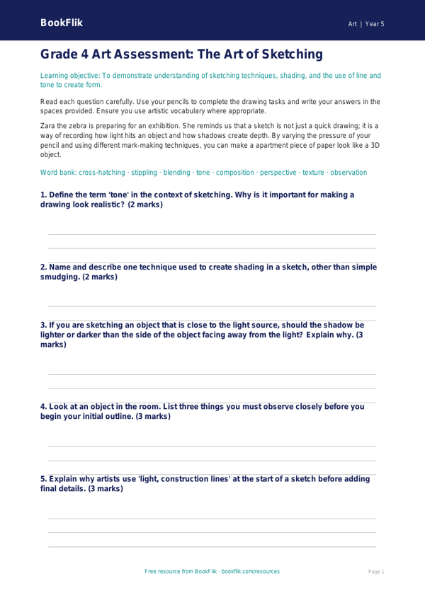 Free Sketching Assessment | Grade 4 | Art | BookFlik worksheet preview — Art Sketching