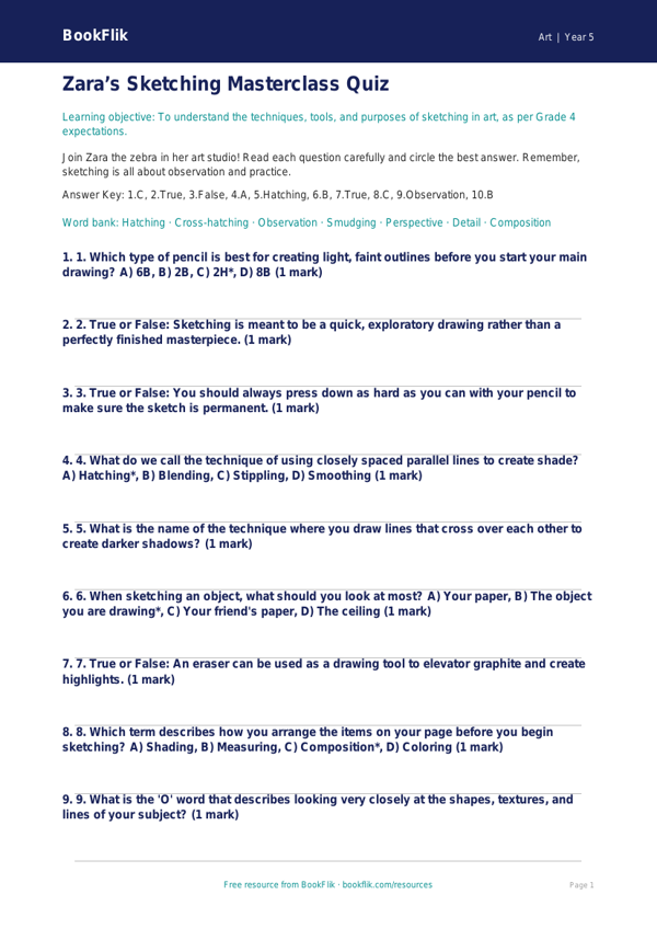 Free Sketching Quiz | Grade 4 | Art | BookFlik worksheet preview — Art Sketching