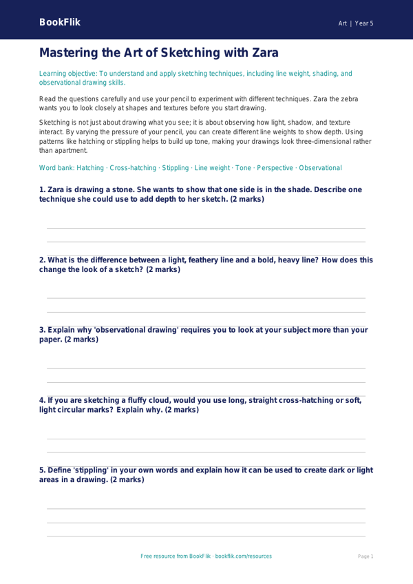 Free Sketching Worksheet | Grade 4 | Art | BookFlik worksheet preview — Art Sketching