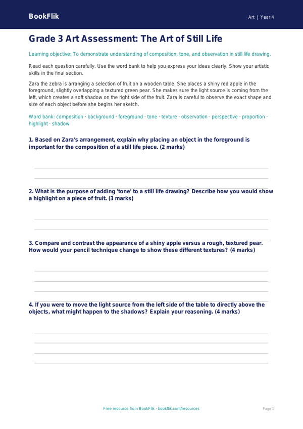 Free Still Life Assessment | Grade 3 | Art | BookFlik worksheet preview — Art Still Life