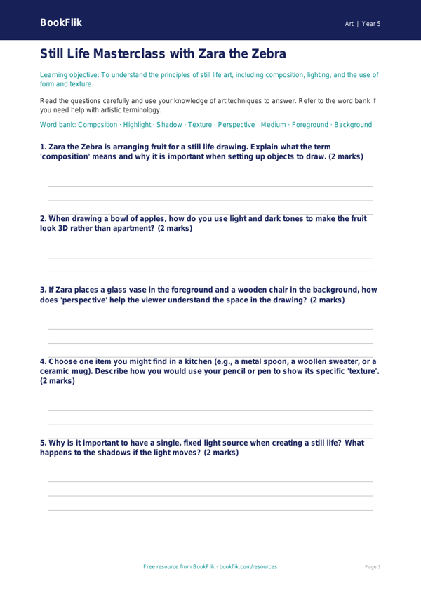 Free Still Life Worksheet | Grade 4 | Art | BookFlik worksheet preview — Art Still Life