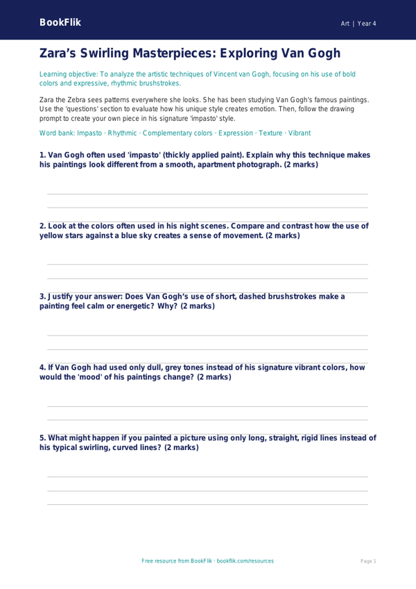 Free Van Gogh Activity Sheet | Grade 3 | Art | BookFlik worksheet preview — Art Van Gogh