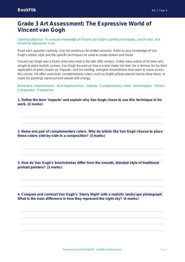Free Van Gogh Assessment | Grade 3 | Art | BookFlik worksheet preview — Art Van Gogh