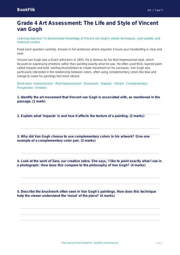 Free Van Gogh Assessment | Grade 4 | Art | BookFlik worksheet preview — Art Van Gogh