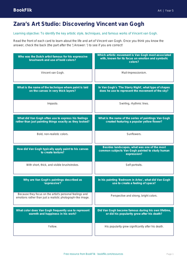 Free Van Gogh Flashcards | Grade 4 | Art | BookFlik worksheet preview — Art Van Gogh