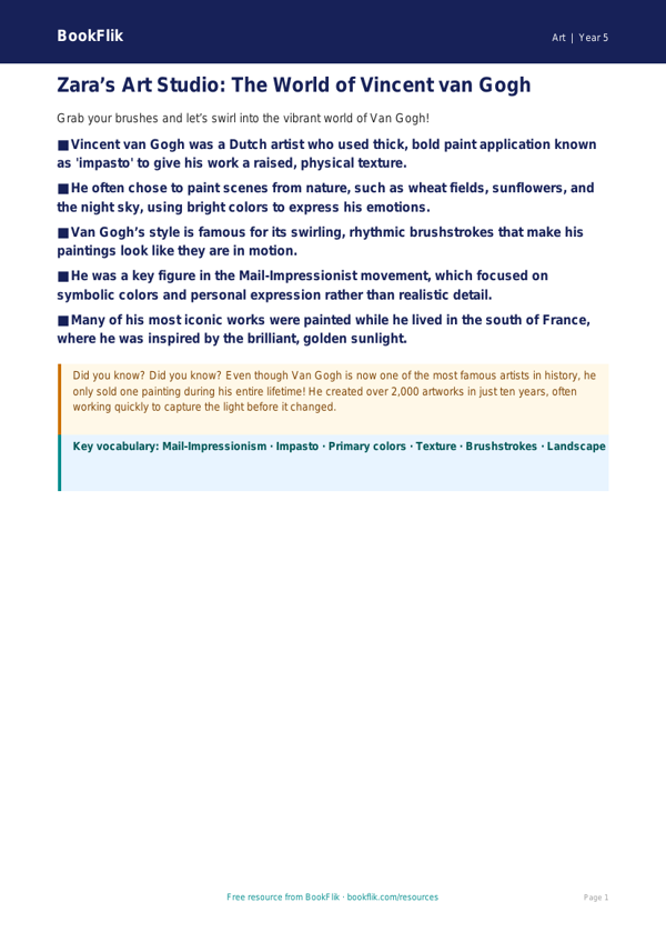Free Van Gogh Poster | Grade 4 | Art | BookFlik worksheet preview — Art Van Gogh