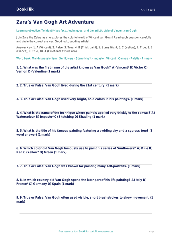 Free Van Gogh Quiz | Grade 4 | Art | BookFlik worksheet preview — Art Van Gogh