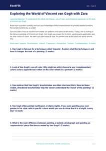 Free Van Gogh Worksheet | Grade 4 | Art | BookFlik