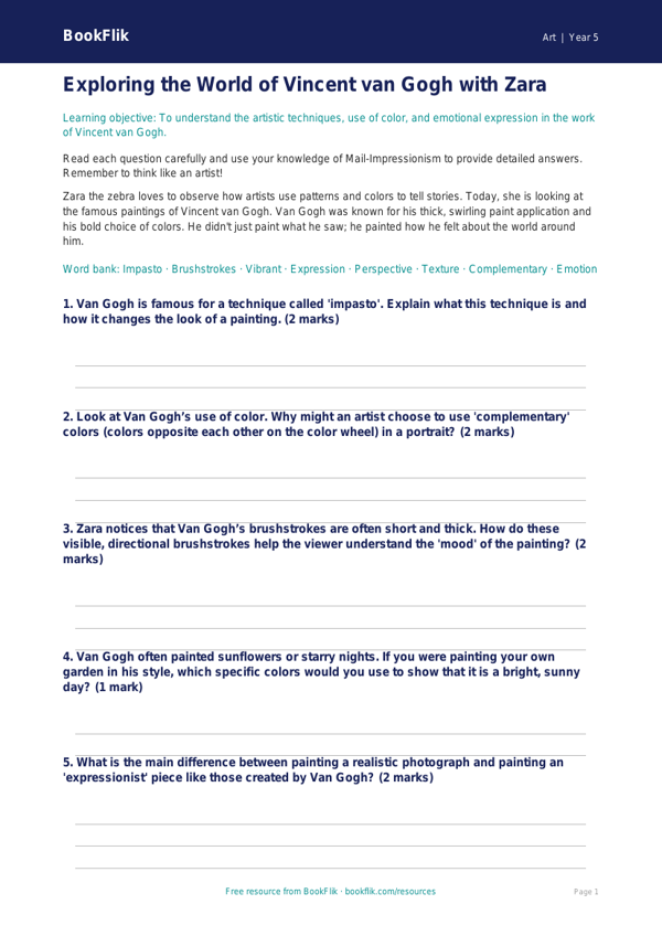 Free Van Gogh Worksheet | Grade 4 | Art | BookFlik worksheet preview — Art Van Gogh