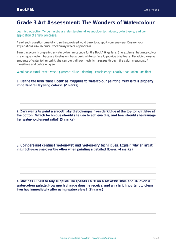 Free Watercolour Assessment | Grade 3 | Art | BookFlik worksheet preview — Art Watercolour