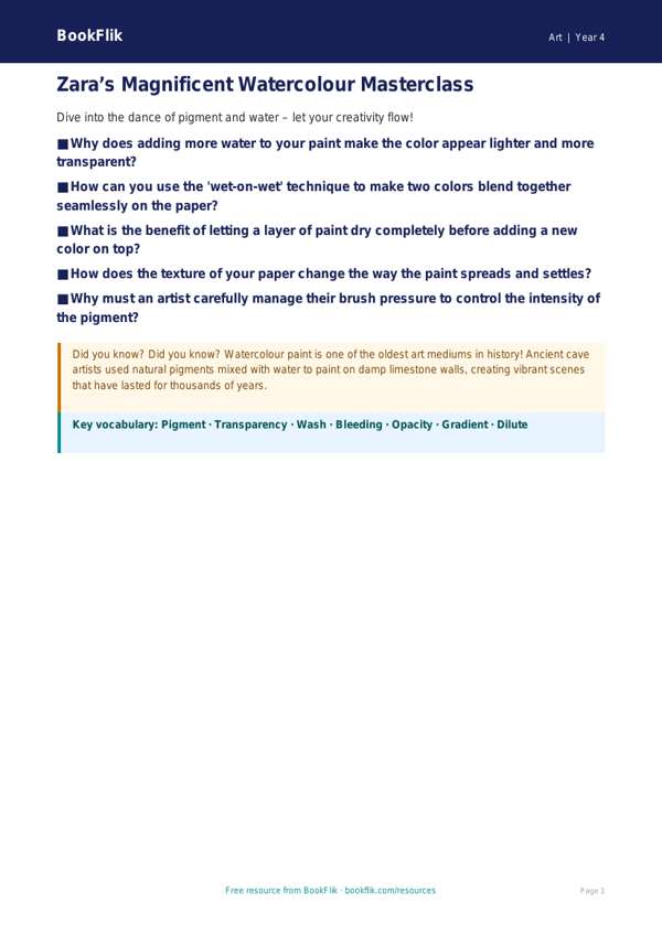Free Watercolour Poster | Grade 3 | Art | BookFlik worksheet preview — Art Watercolour