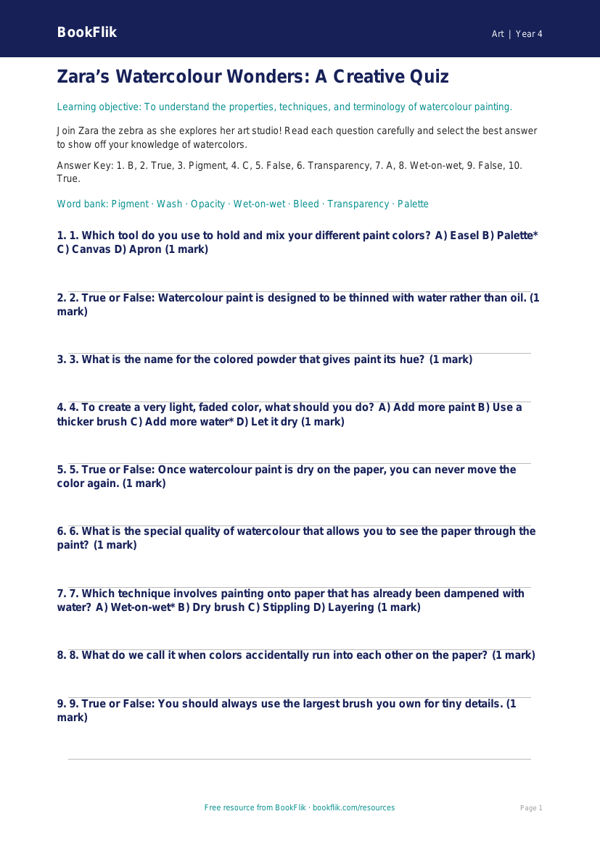 Free Watercolour Quiz | Grade 3 | Art | BookFlik worksheet preview — Art Watercolour