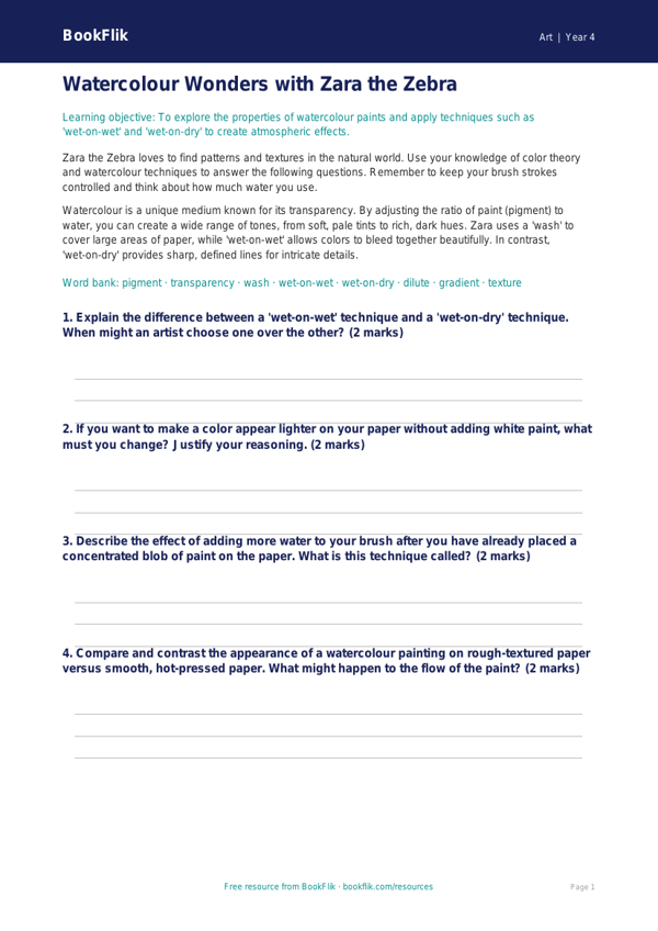 Free Watercolour Worksheet | Grade 3 | Art | BookFlik worksheet preview — Art Watercolour
