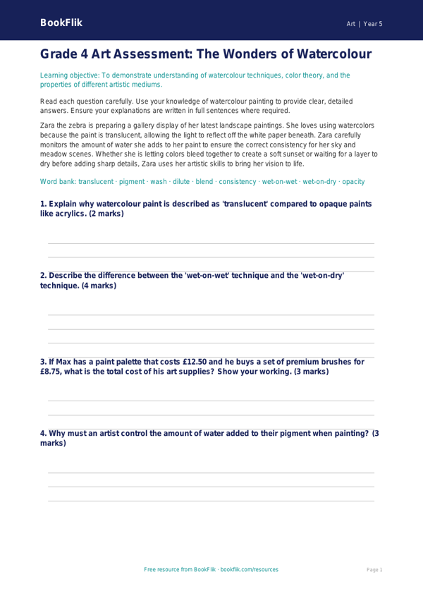 Free Watercolour Assessment | Grade 4 | Art | BookFlik worksheet preview — Art Watercolour