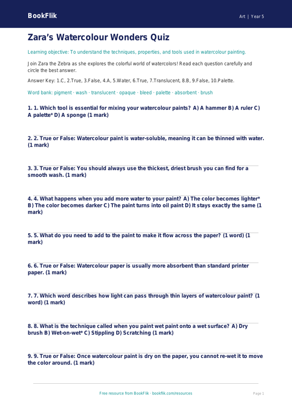 Free Watercolour Quiz | Grade 4 | Art | BookFlik worksheet preview — Art Watercolour