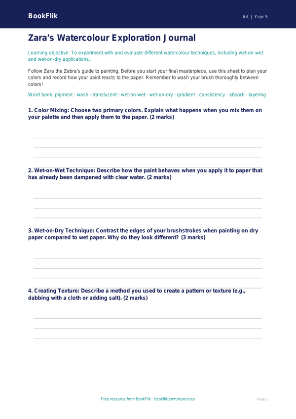 Free Watercolour Template | Grade 4 | Art | BookFlik worksheet preview — Art Watercolour