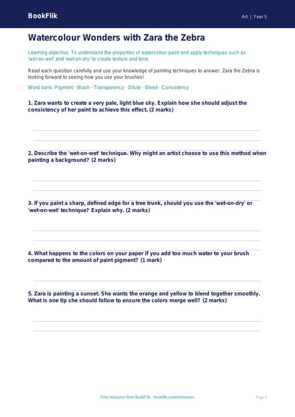 Free Watercolour Worksheet | Grade 4 | Art | BookFlik worksheet preview — Art Watercolour