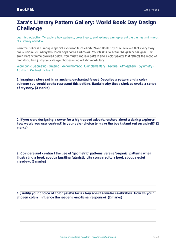 Free World Book Day Art Activity Sheet | Grade 3 | Art | BookFlik worksheet preview — Art World Book Day Art