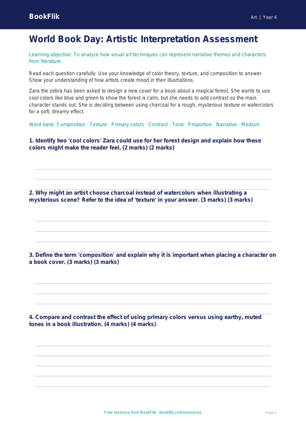 Free World Book Day Art Assessment | Grade 3 | Art | BookFlik worksheet preview — Art World Book Day Art