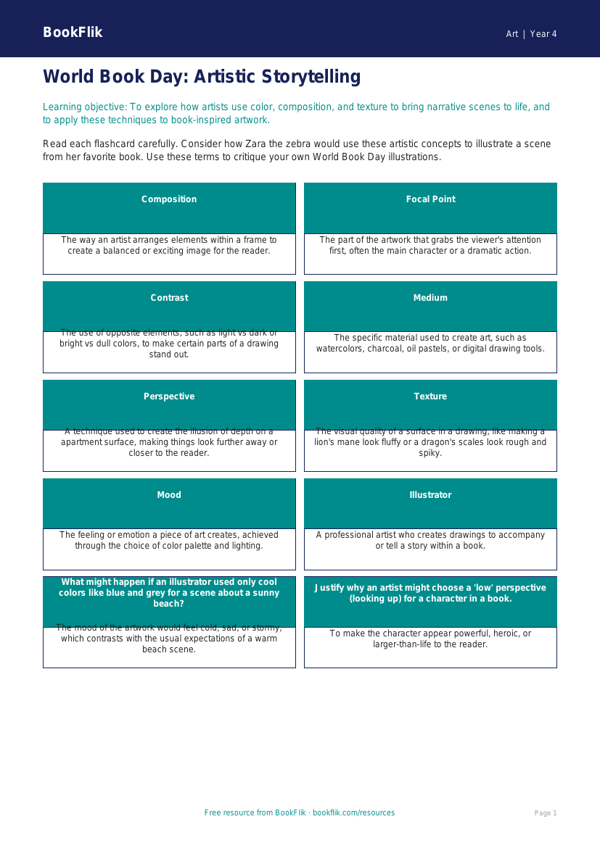 Free World Book Day Art Flashcards | Grade 3 | Art | BookFlik worksheet preview — Art World Book Day Art