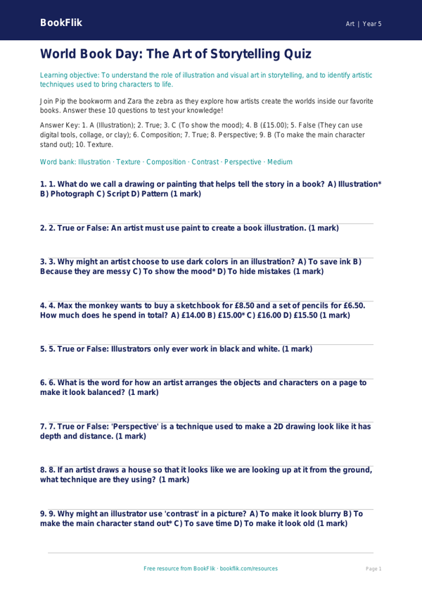 Free World Book Day Art Quiz | Grade 4 | Art | BookFlik worksheet preview — Art World Book Day Art
