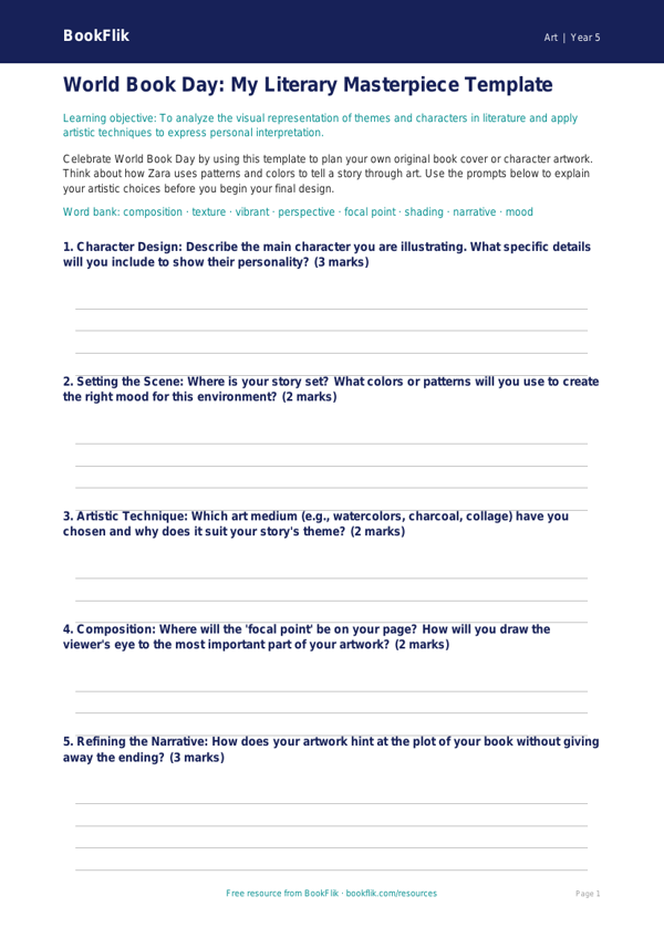 Free World Book Day Art Template | Grade 4 | Art | BookFlik worksheet preview — Art World Book Day Art