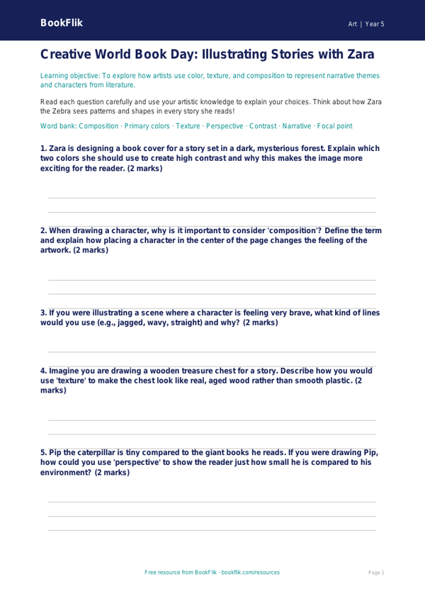 Free World Book Day Art Worksheet | Grade 4 | Art | BookFlik worksheet preview — Art World Book Day Art