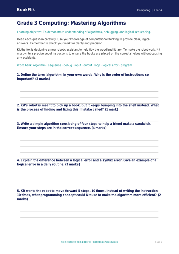 Free Algorithms Assessment | Grade 3 | Computing | BookFlik worksheet preview — Computing Algorithms