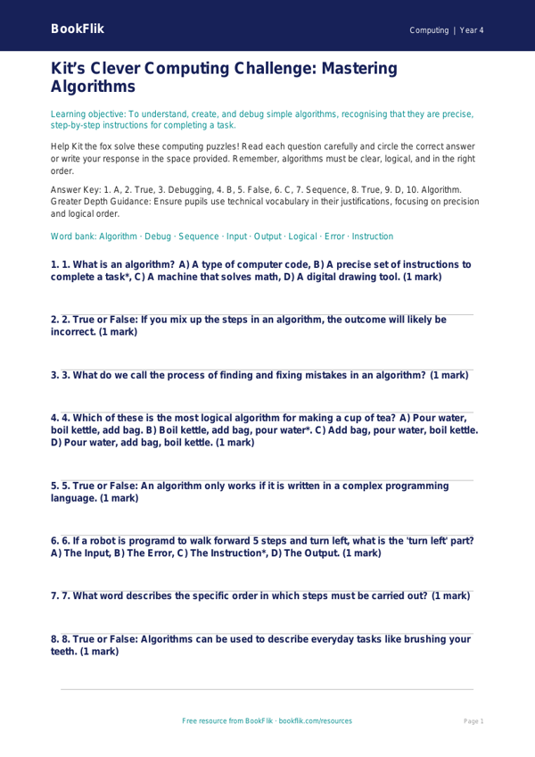 Free Algorithms Quiz | Grade 3 | Computing | BookFlik worksheet preview — Computing Algorithms