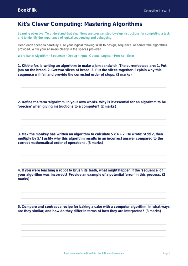 Free Algorithms Worksheet | Grade 3 | Computing | BookFlik worksheet preview — Computing Algorithms
